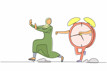 Single continuous line drawing fright Arab businesswoman being chased by alarm clock. Female manager hurry in deadline project. Running out of working time. One line graphic design vector illustration