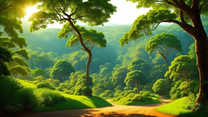 A beautiful forest with sunlight shining through large trees. Illustration, AI Generated