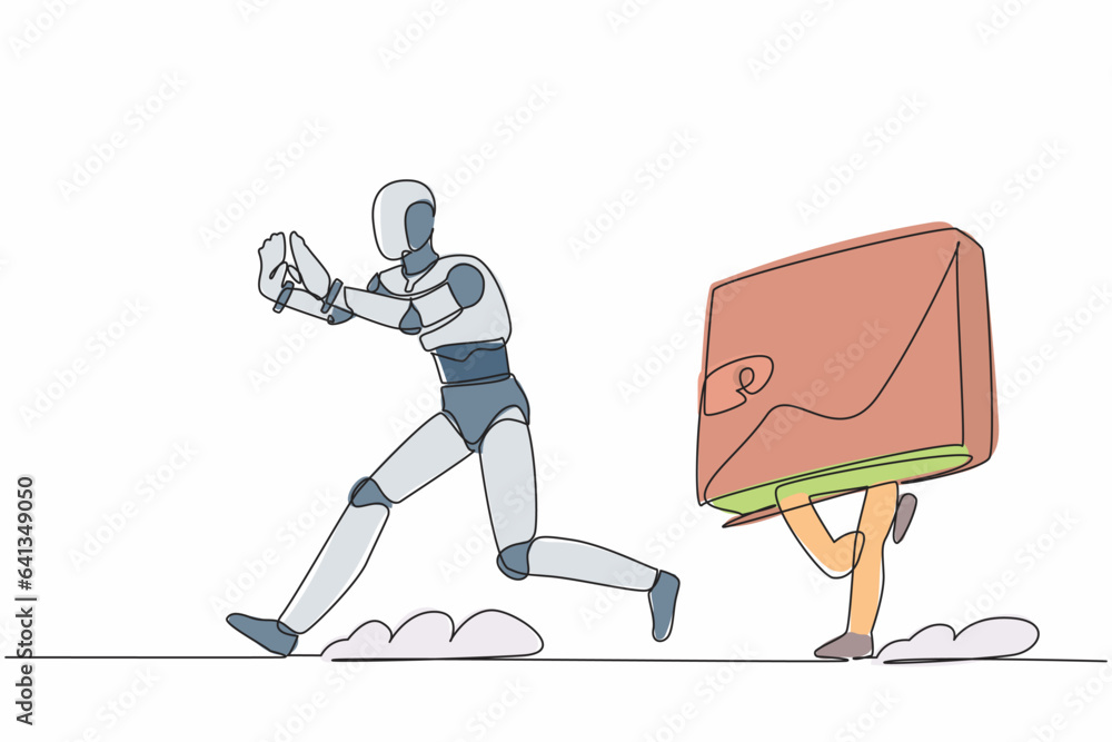 Poster single one line drawing stressed robot being chased by wallet. losing money and business profit. fut