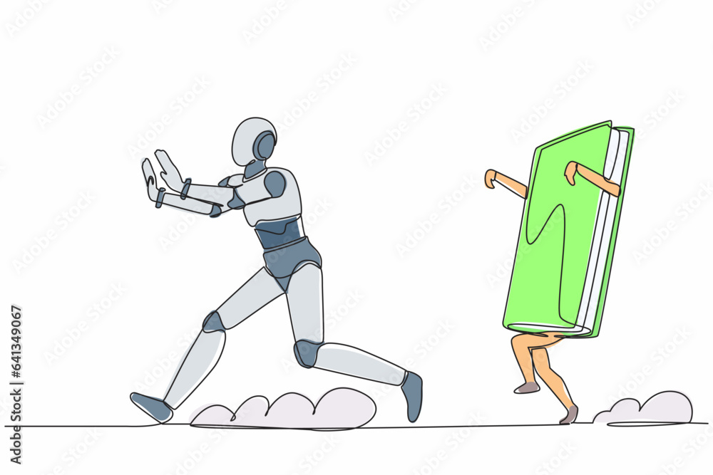 Poster single continuous line drawing stressed robot being chased by book. smart robotic manual book proces