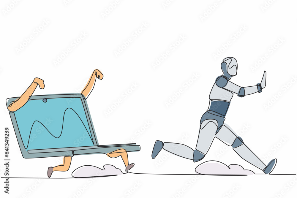 Poster single continuous line drawing stressed robot being chased by laptop. robot in deadline of technolog