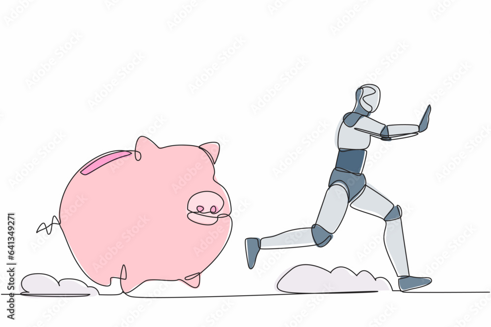 Aufkleber single continuous line drawing stressed robot being chased by piggy bank. economic crash. losing mon