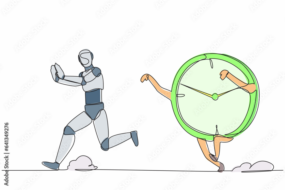 Poster single continuous line drawing stressed robot being chased by time. afraid with project schedule tar