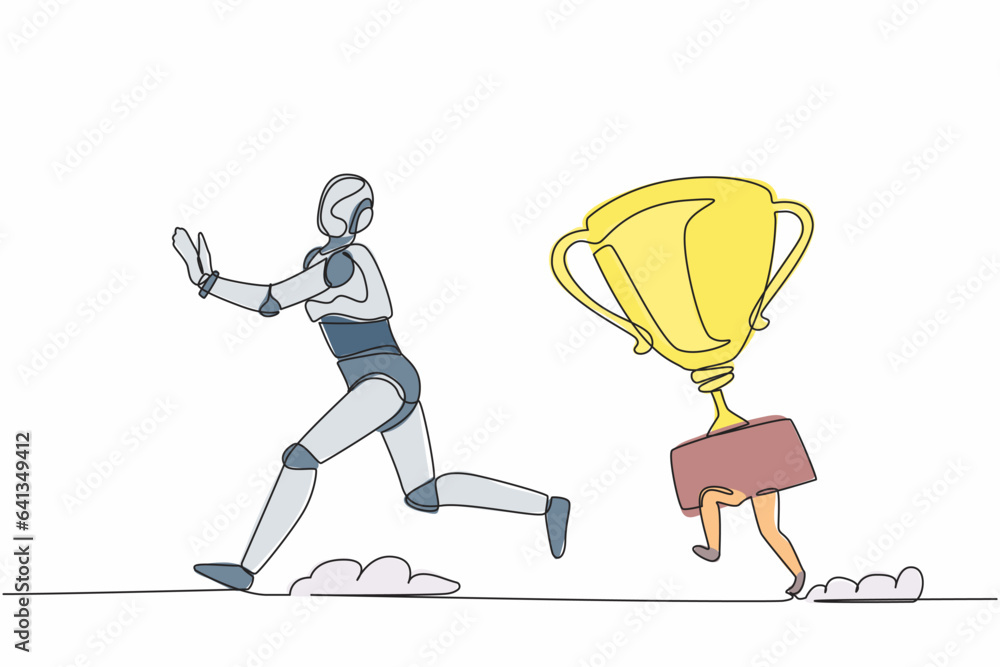 Aufkleber single continuous line drawing stressed robot being chased by trophy. confused with business goals f
