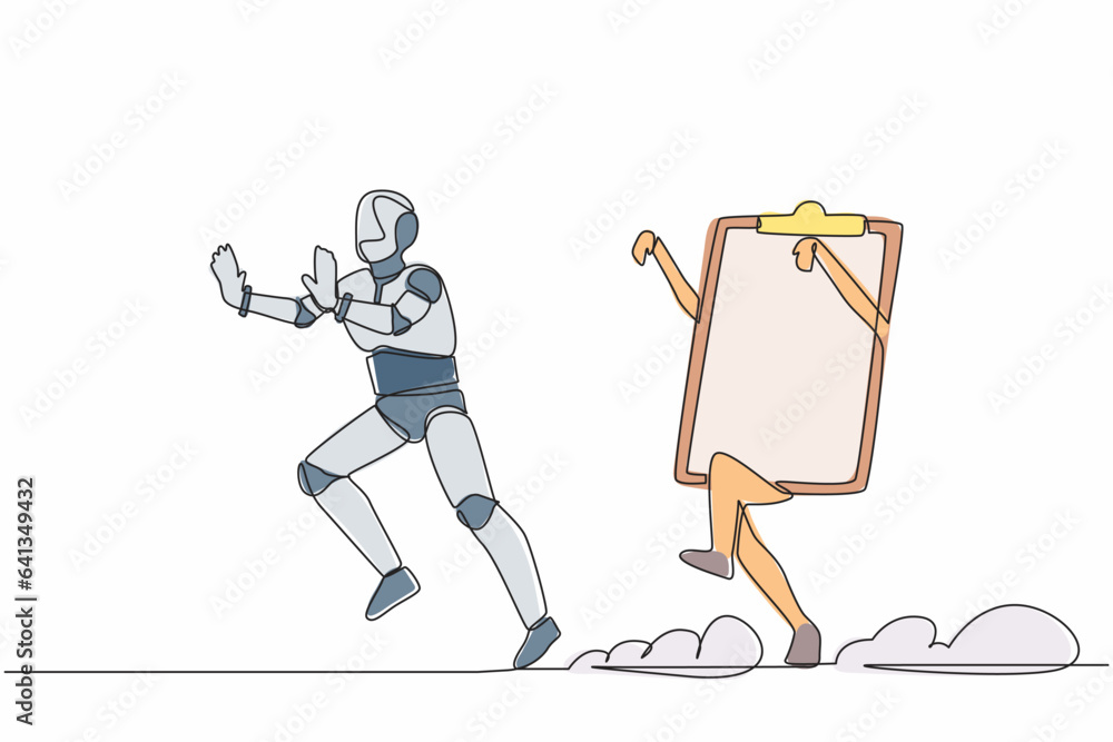 Aufkleber single one line drawing stressed robot being chased by clipboard. hurry in finishing checklist indus