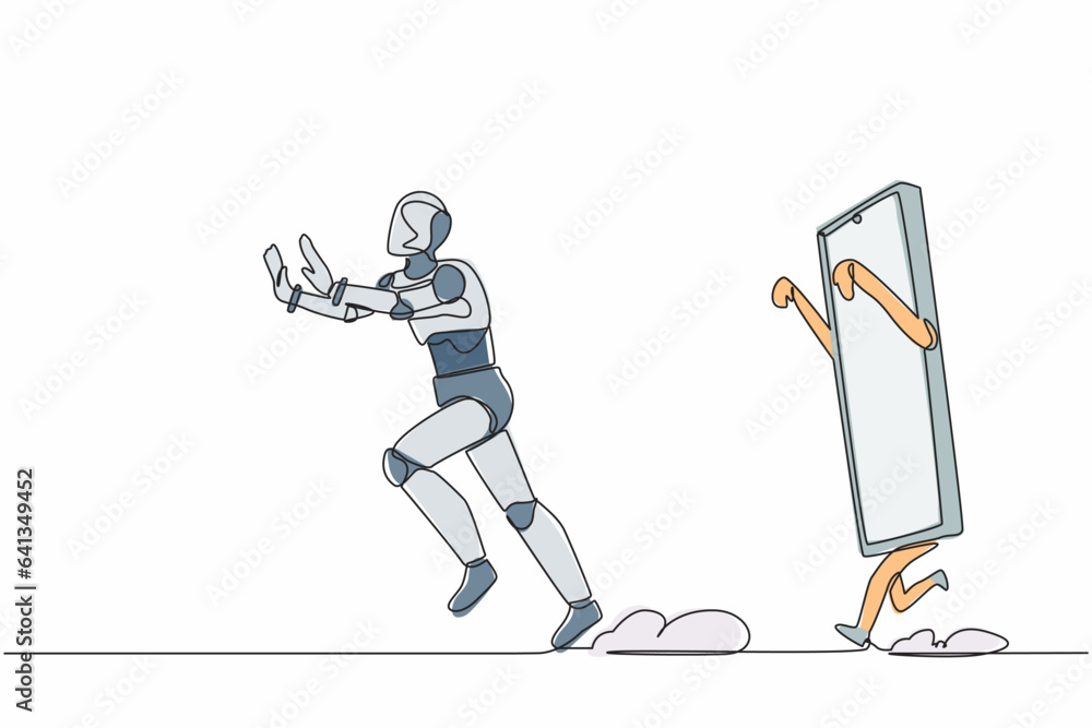 Poster single continuous line drawing stressed robot being chased by smartphone. afraid to talk with techno