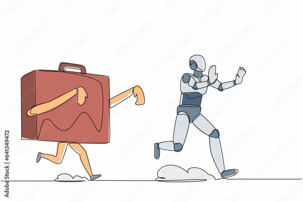 Poster continuous one line drawing stressed robot being chased by briefcase. afraid with evaluation of proj