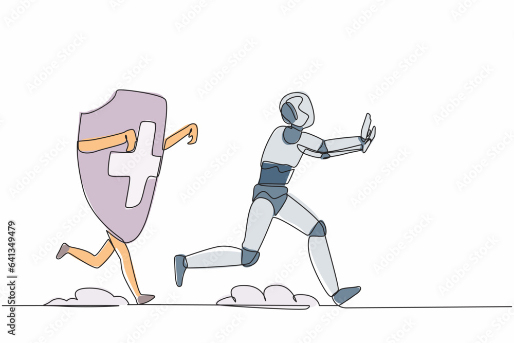 Poster continuous one line drawing stressed robot being chased by shield. afraid about budget increasing of