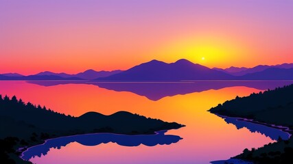 A calm and quiet sunset occurring over a calm lake that is surrounded by mountains. Illustration, AI Generated