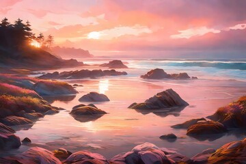 This picture is of a pretty sunrise on the beach. The colors used are light pink, blue, and gold. The colors used are a pale pink, blue, and gold. Illustration, AI Generated