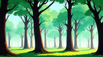 A large, difficult to understand forest that is covered in fog, with really old trees. Illustration, AI Generated