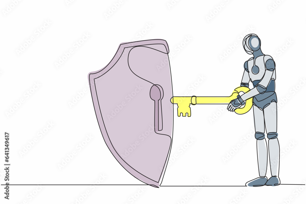 Poster single one line drawing robot put key into shield. internet security and protection. encryption, enc