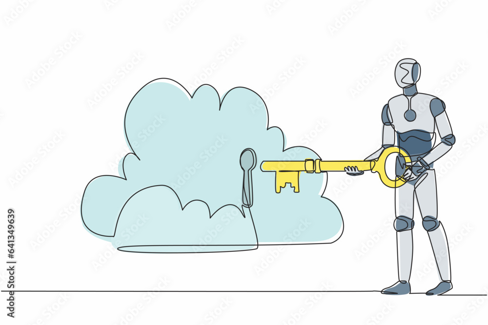 Poster continuous one line drawing robot putting big key into cloud. safety storage, password lock security