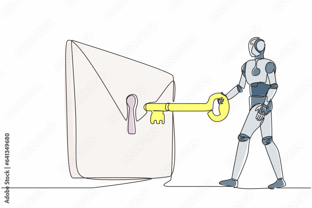 Poster single one line drawing robot putting big key into mail. digital message protection or email securit