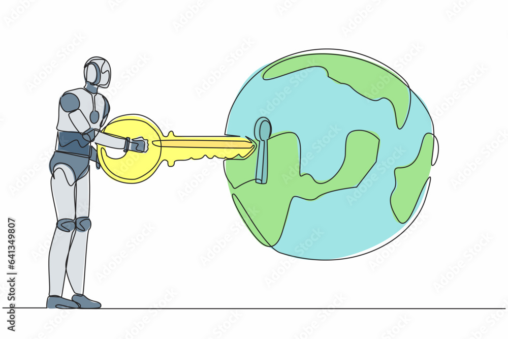 Poster continuous one line drawing robot putting key into globe. global warming alert for ecosystem around 