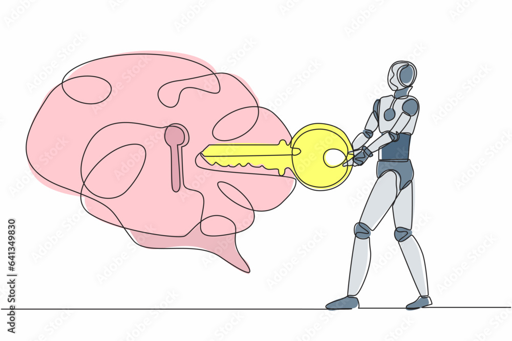 Poster single continuous line drawing robot putting key into brain. unlock personality for better healthy. 