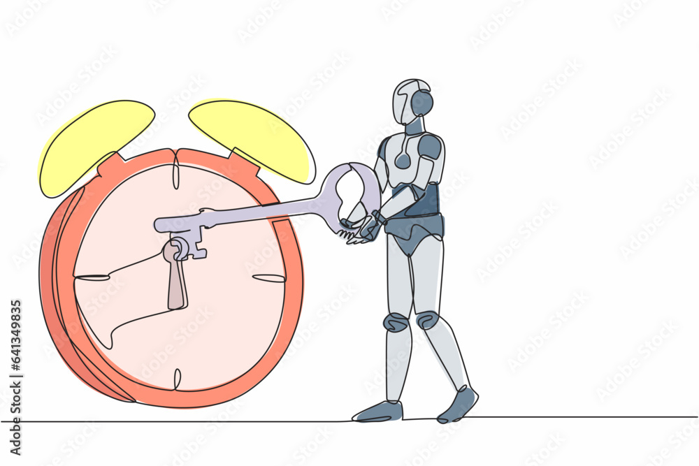 Poster single one line drawing robot putting big key into alarm clock. deadline work to finish. time manage