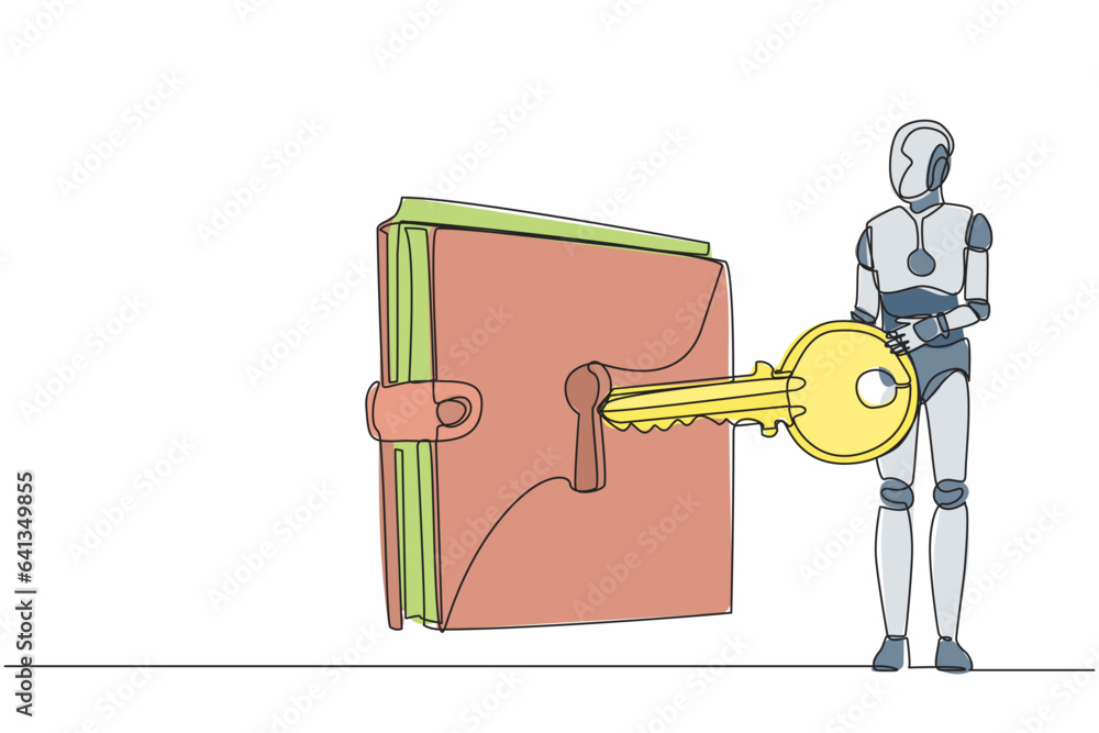 Poster single continuous line drawing robot put big key into wallet. money protection financial security. d