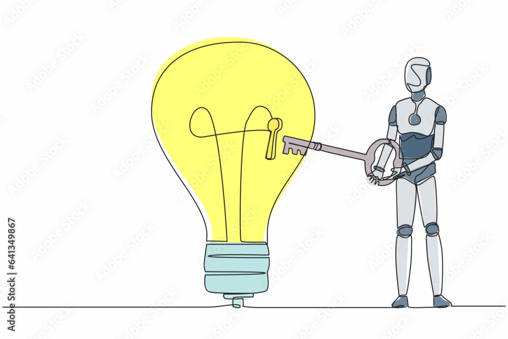 Poster single one line drawing robot put big key into light bulb. unlock innovation on business idea. futur