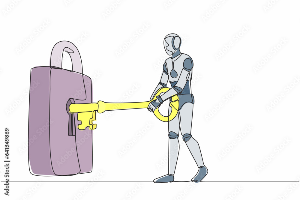 Poster continuous one line drawing robot putting big key into padlock. business security, private property 