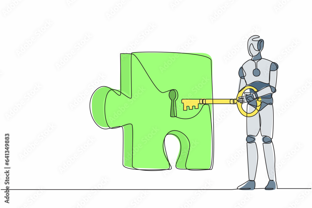 Poster single continuous line drawing robot putting big key into puzzle piece. teamwork and partnership sol