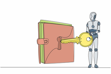 Single continuous line drawing robot put big key into wallet. Money protection financial security. Digital purse for shopping. Robotic artificial intelligence. One line draw design vector illustration