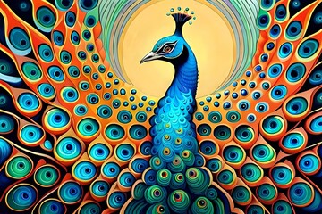 Imagine a picture of a beautiful peacock drawn with bright, smooth lines. Illustration, AI Generated