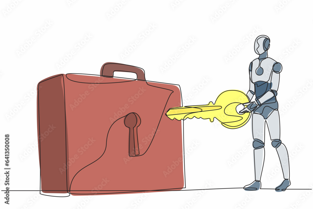 Aufkleber single one line drawing robot putting key into briefcase. safety bag for secret document. investment
