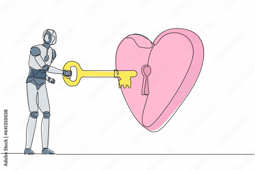 Poster single continuous line drawing robot putting key into heart. humanoid robot try to unlock heart icon