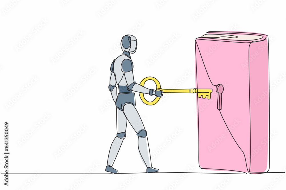 Poster single one line drawing robot putting big key into book. unlock textbook, knowledge. library. key to