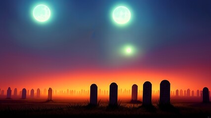 At night, there is a spooky fog and you can see glowing eyes looking at you from the dark corners of a graveyard. Illustration, AI Generated