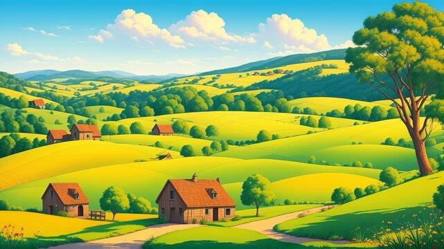 The countryside looks nice with an old style farm and hills that gently go downwards. Illustration, AI Generated