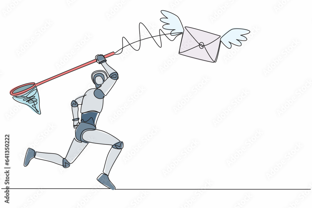 Poster single continuous line drawing robot try to catching flying mail with butterfly net. not read incomi