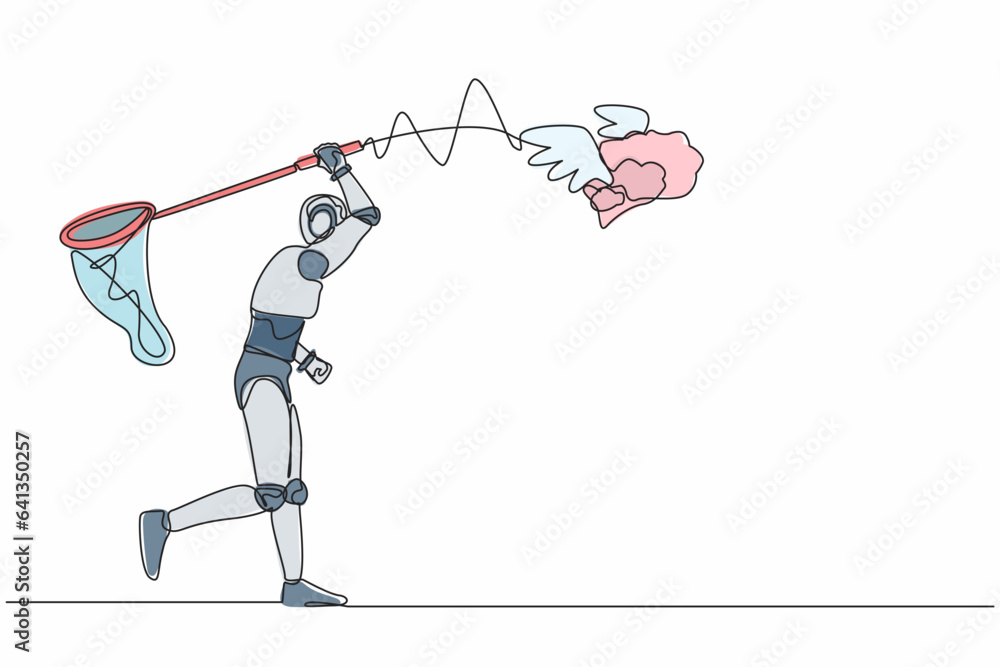 Poster continuous one line drawing robot try to catch flying brain with butterfly net. genius idea for robo