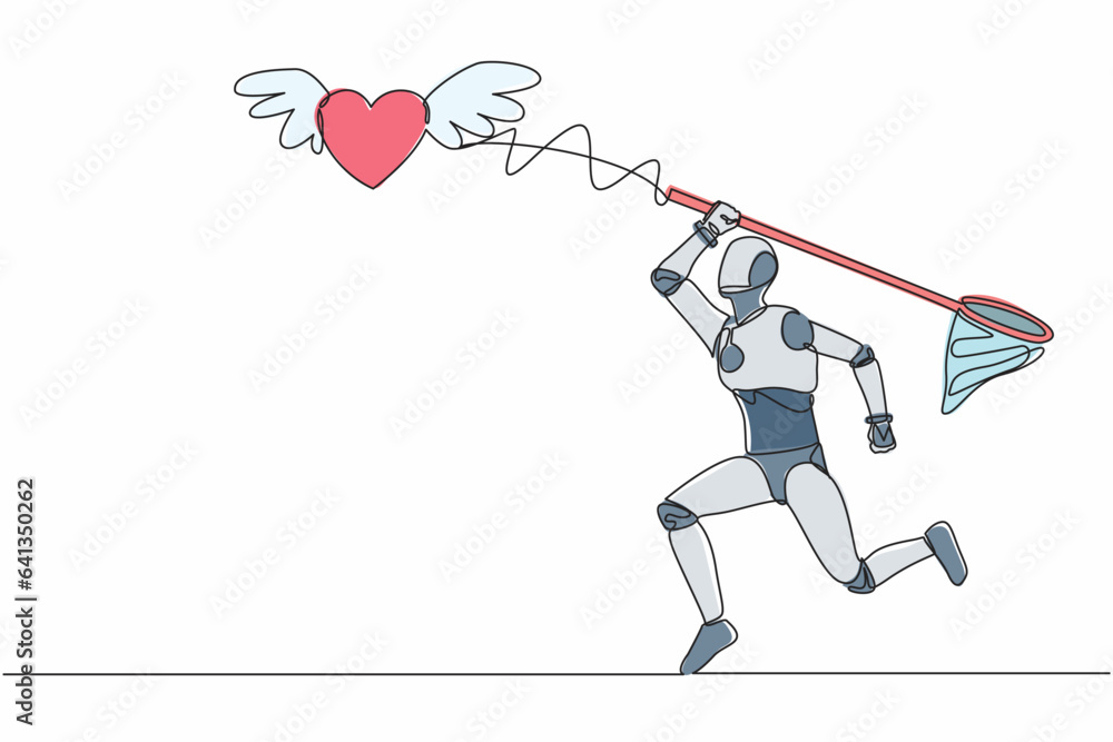 Poster single one line drawing robot try to catching flying heart with butterfly net. love relationship wit
