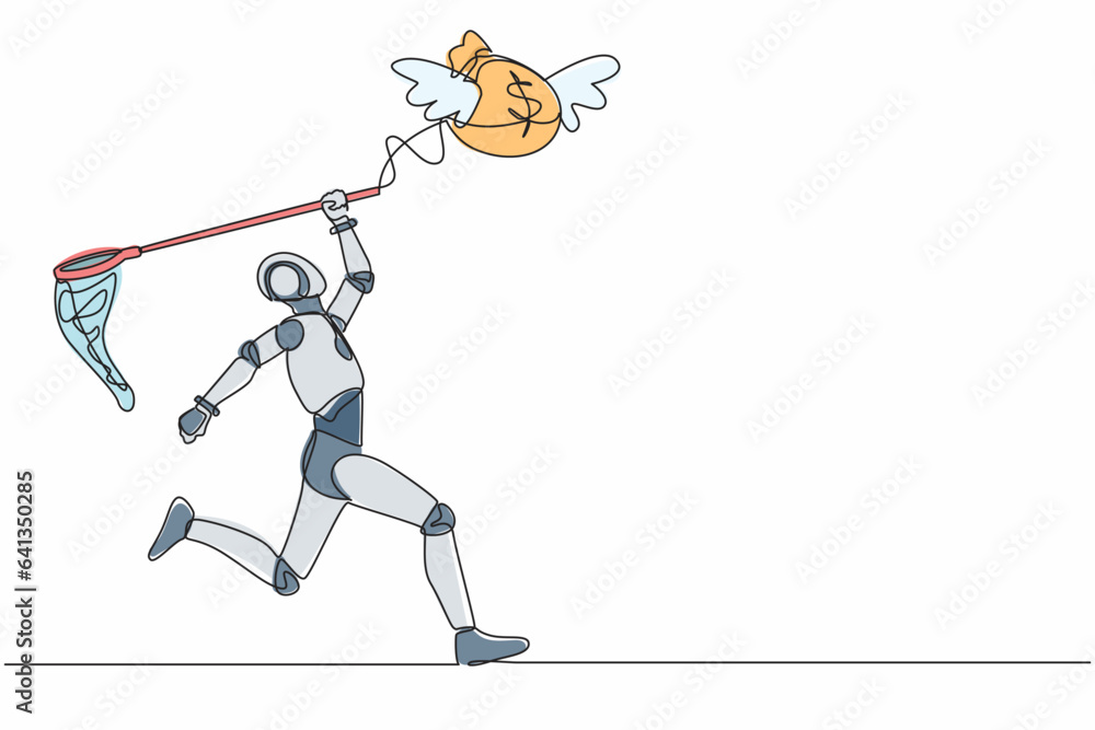 Poster continuous one line drawing robot try to catch flying money bag with butterfly net. achieving profit