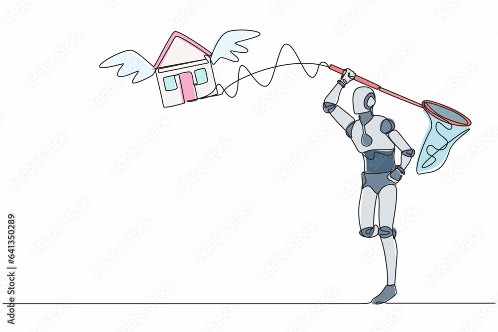 Aufkleber single one line drawing robot try to catching flying house with butterfly net. price increases of ho