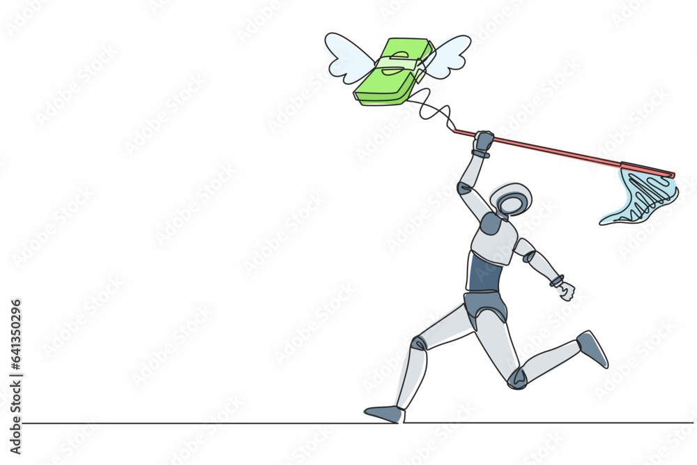 Poster single continuous line drawing robot try to catching flying money stacks with butterfly net. budget 