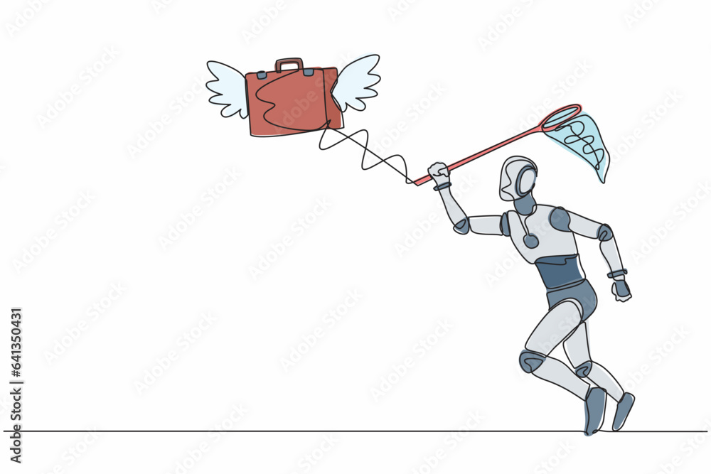 Poster single continuous line drawing robot try to catch flying briefcase with butterfly net. high performa