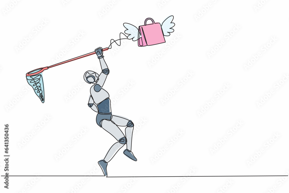 Poster single one line drawing robot try to catching flying shopping bag with butterfly net. commercial ret