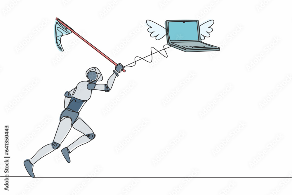 Poster continuous one line drawing robot try to catching flying laptop with butterfly net. system data comp