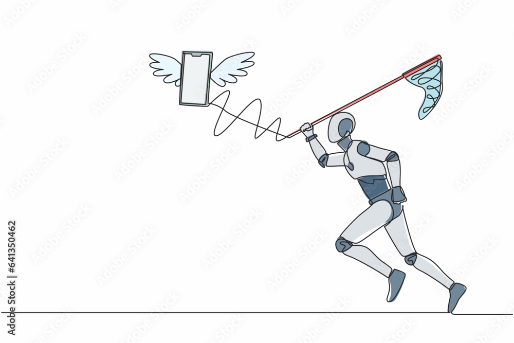 Poster single one line drawing robot try to catch flying smartphone with butterfly net. talking, communicat