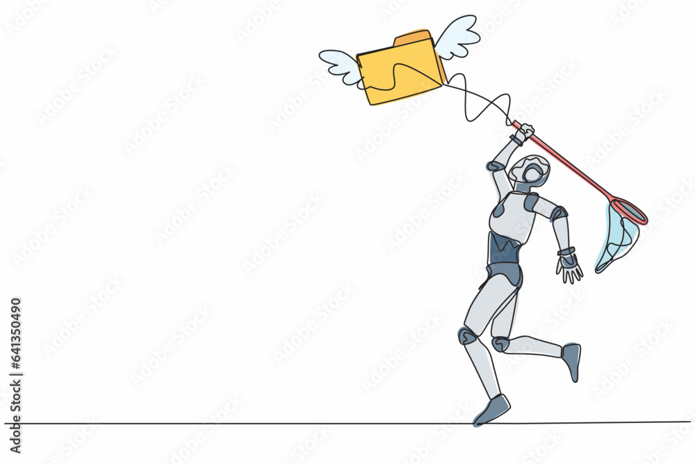 Poster continuous one line drawing robot try to catch flying folder with butterfly net. analyzing tech docu