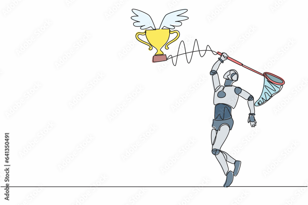 Poster continuous one line drawing robot try to catching flying trophy with butterfly net. sport tech game.