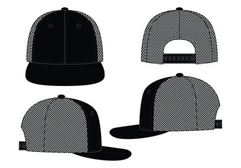 Black Hip Hop Cap with Mesh Four Panel Back, Snap Back Strap Closure Template on White Background, Vector File