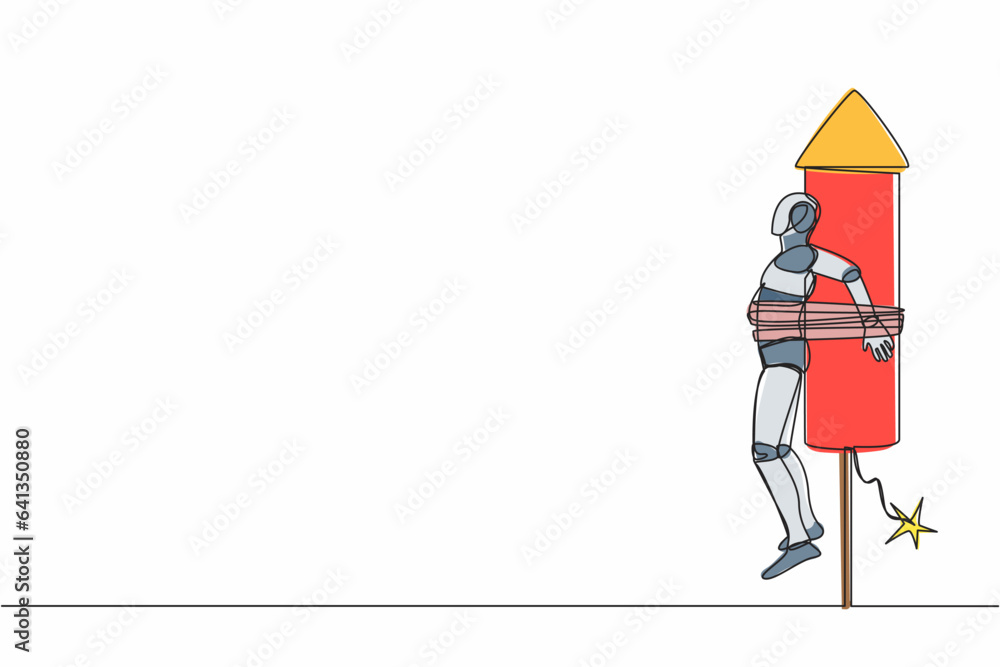 Poster single one line drawing robot being tied to a launching rocket, feeling anxious and scared. future t
