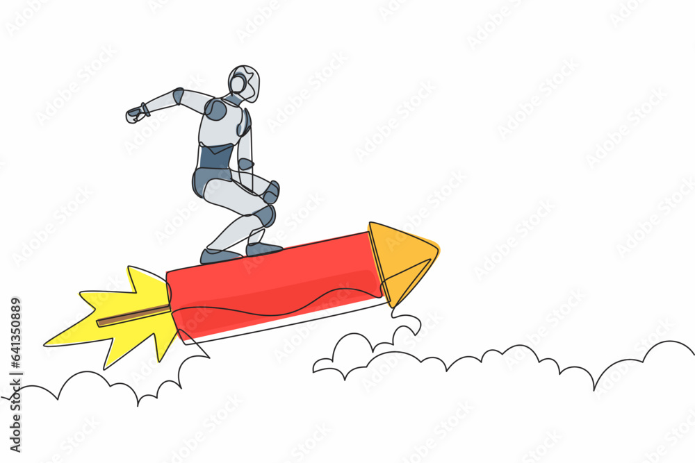 Poster single one line drawing robot standing astride a rocket and flying through the air. humanoid robot c