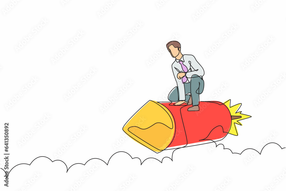 Poster continuous one line drawing active businessman riding firework rocket through the sky. ready for lau