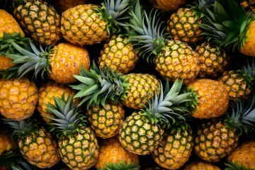 Fresh pinapples top view background. AI generated