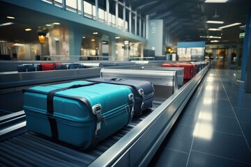 Suitcases and luggage with conveyor belt in the airport. - obrazy, fototapety, plakaty